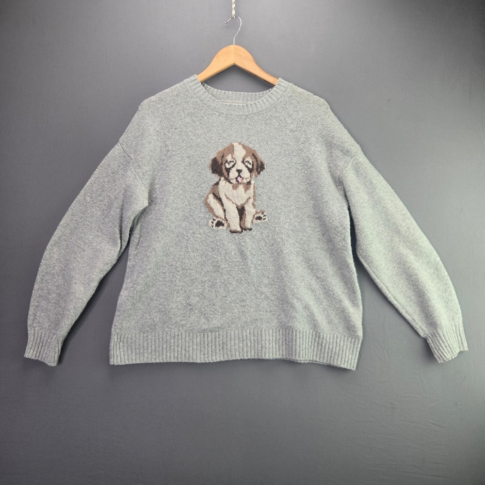 No Boundaries Puppy Sweater Saint Bernard Knit M 8-10 Gray Crewneck Long Sleeve